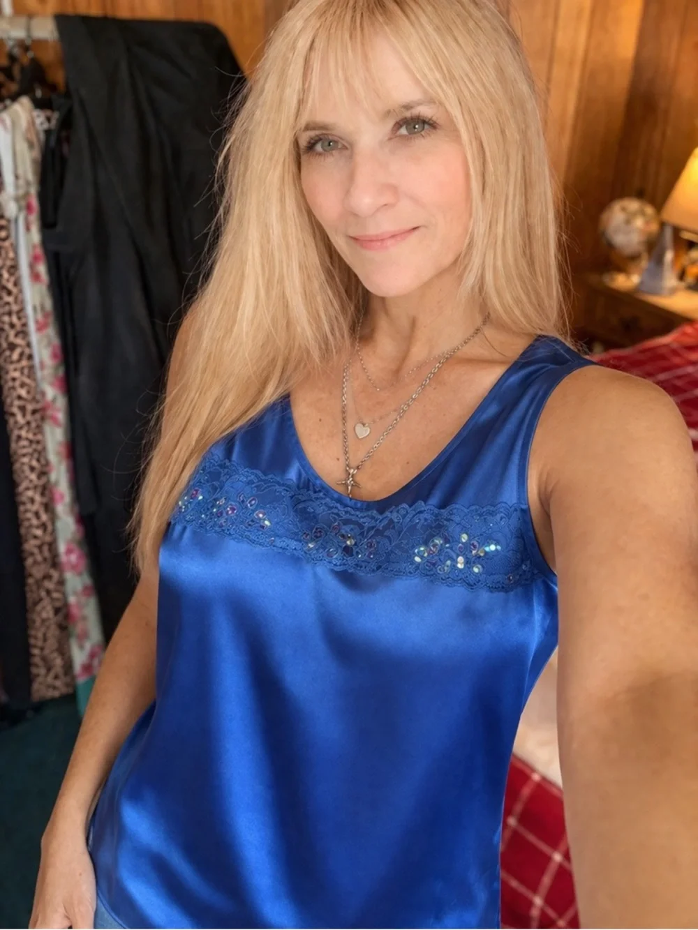 Royal Blue Satin Lace Tank Top XL Sleeveless Shimmer Blouse Elegant - Picture 2 of 2